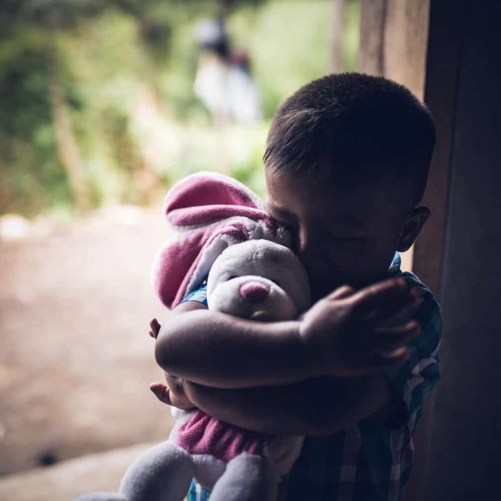 Marlon Dubal Ical Chun (3 ans) serre dans ses bras un ours en peluche qu'il vient de recevoir de Carina Ramirez, une nutritionniste de l'UNICEF venue rendre visite à la famille au village de Semesché, Alta Vera Paz, le 22 octobre 2019. © UNICEF/UNI235474/Willocq