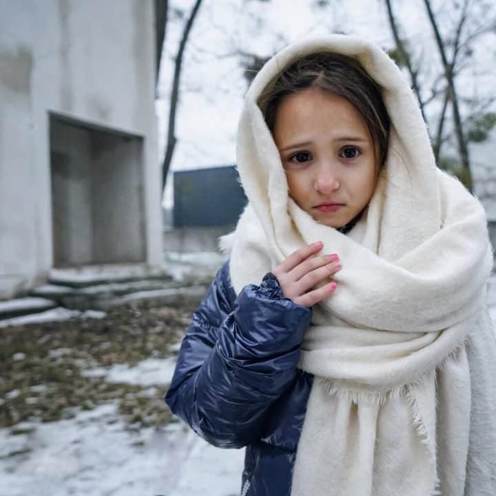 Le 21 décembre 2022, Eva, 8 ans, pose pour une photo dans la ville d'Irpin, touchée par la guerre, dans la région de Kiev, en Ukraine. © UNICEF/UN0760470/Hrom