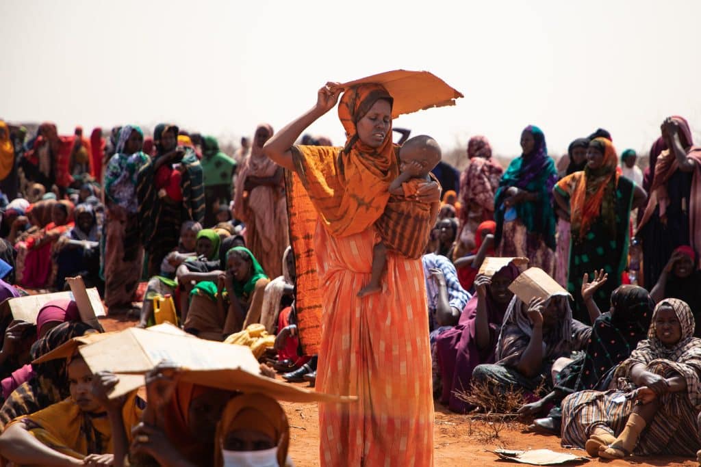 Une mère protège son fils du soleil avec un morceau de carton. À Hegalle, en Éthiopie, des milliers d'hommes, de femmes et d'enfants font la queue sous une chaleur étouffante pour se faire enregistrer et recevoir une aide humanitaire. Plus de 100 000 personnes ont fui l'insécurité au Somaliland. La plupart d'entre elles sont parties précipitamment, laissant tout derrière elles, et ont désespérément besoin d'une aide vitale, notamment de nourriture et d'eau. © UNICEF/UN0805102/Pouget