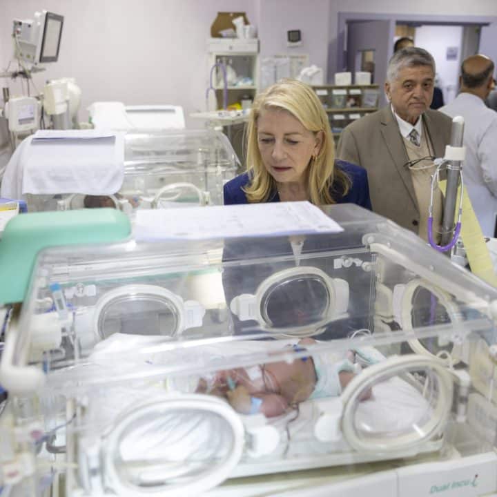 UNICEF Executive Director Catherine Russell at the neonatal unit during her visit to the Al Makassed hospital in East Jerusalem, State of Palestine, on 15 April 2024. UNICEF Executive Director Catherine Russell visited Israel and the State of Palestine from 13-16 April 2024 to engage with key stakeholders and parties to bring a strong, child rights based message and the need to further peace “for the sake of every child, everywhere.” The aim of the visit was to grow public support for the protection of children and influence the parties to the conflict and those with influence on them to focus on the rights and well-being of all children.