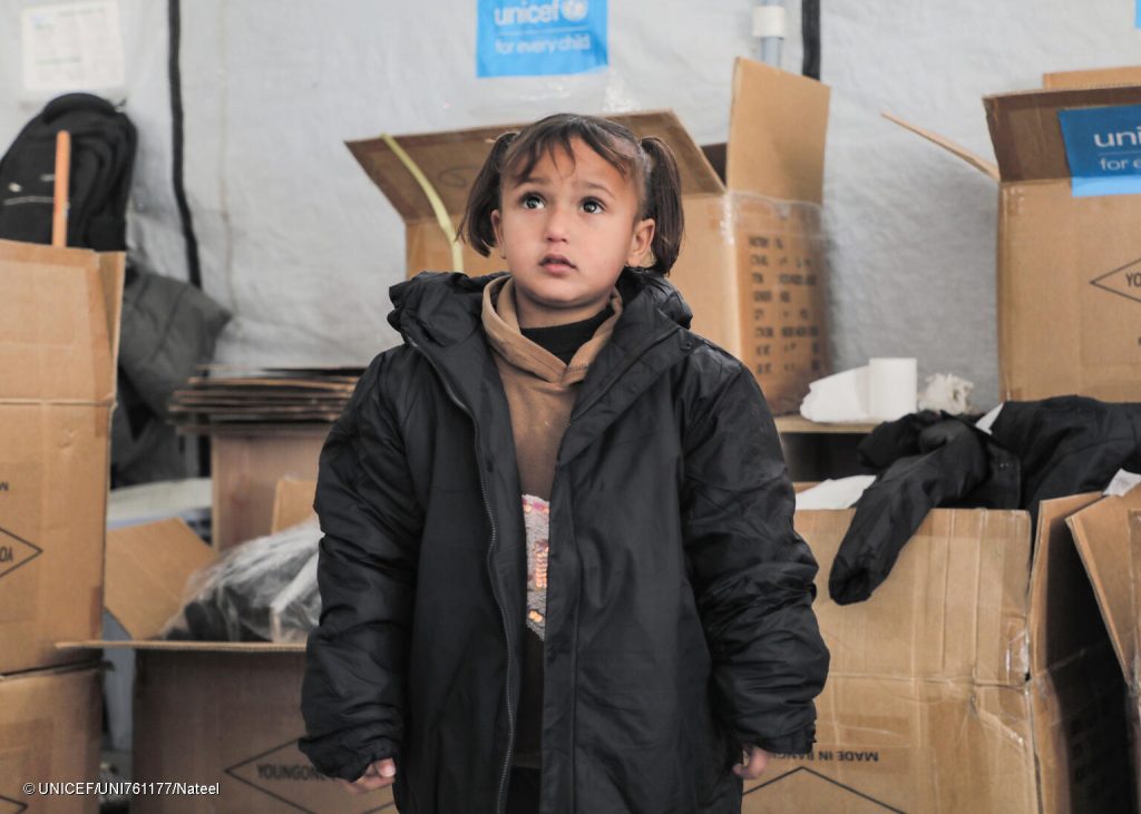 Photo prise de la petite Seba, âgée de 6 ans, qui essaie le manteau qu'elle a reçu lors des distributions de l'UNICEF et de ses partenaires des kits hiver dans la bande de Gaza. © UNICEF/UNI761177/Nateel